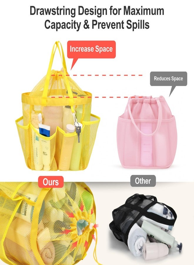 F-color Mesh Shower Caddy Portable with Drawstring - Upgrade Deeper 7 Pockets Dorm Room Essentials for Guys Girls with S Hook, Shower Bag Basket Tote for College Camping Toiletry Bathroom, Yellow - Image 3